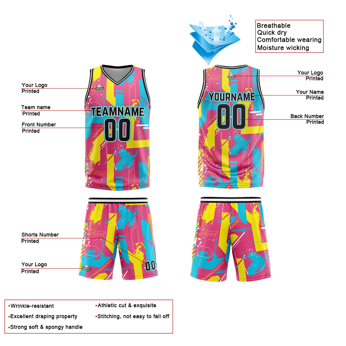 Custom Geometry Pink Yellow Basketball Jersey Uniform Suit Printed Your Logo Name Number