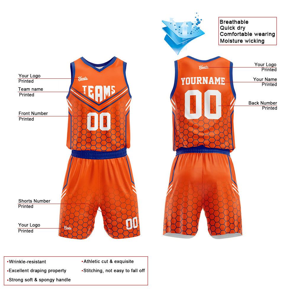 Custom Orange Royal Basketball Jersey Uniform Suit Printed Your Logo Name Number