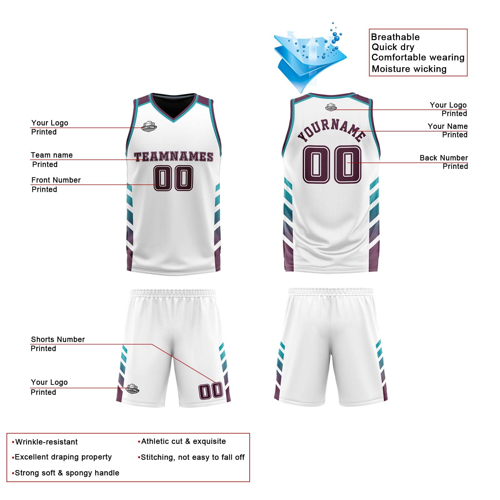 Custom White Garnet Teal Reversible Basketball Suit for Adults and Kids Personalized Jersey