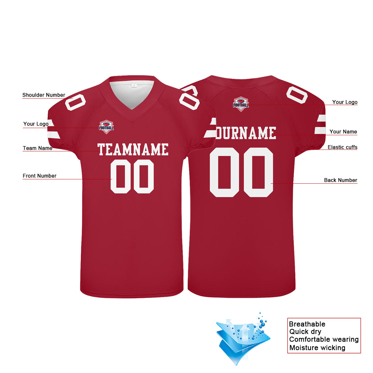 Custom Football Jersey Shirt Personalized Printed Team Name Number Red