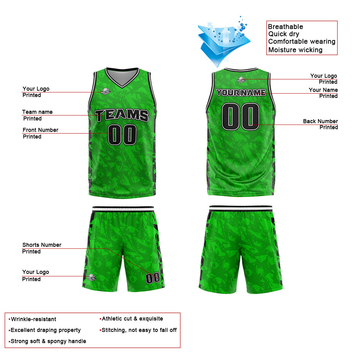 Custom Broken Green Black Basketball Jersey Uniform Suit Printed Your Logo Name Number