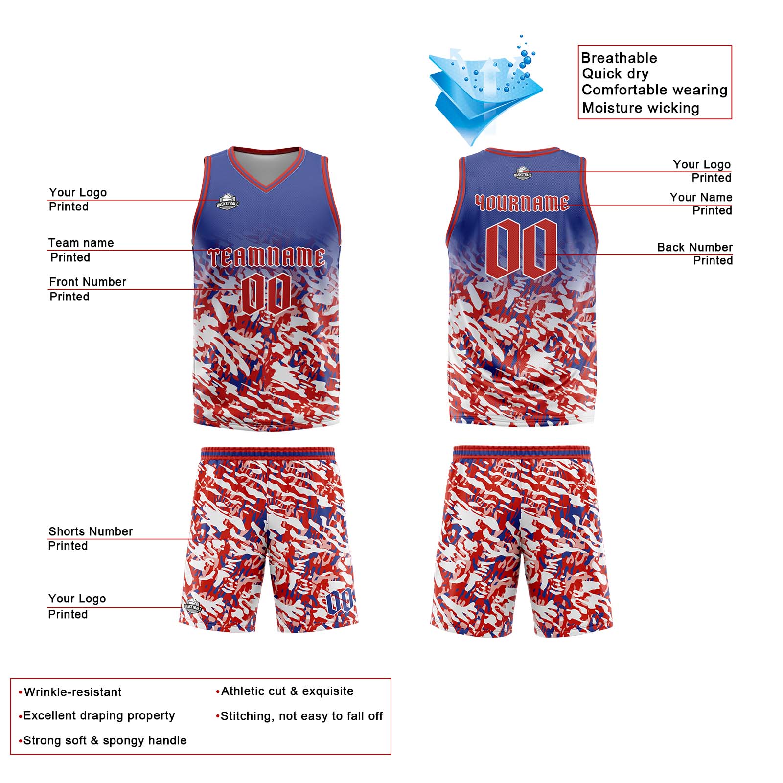 Custom Blue Red White Basketball Jersey Uniform Suit Printed Your Logo Name Number