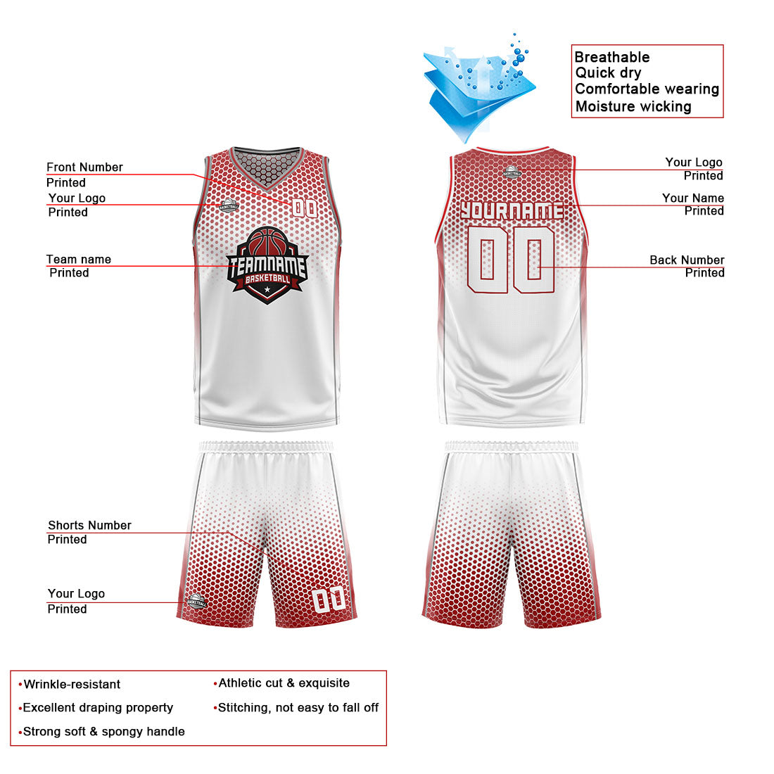 Custom White Red Reversible Basketball Suit for Adults and Kids Personalized Jersey