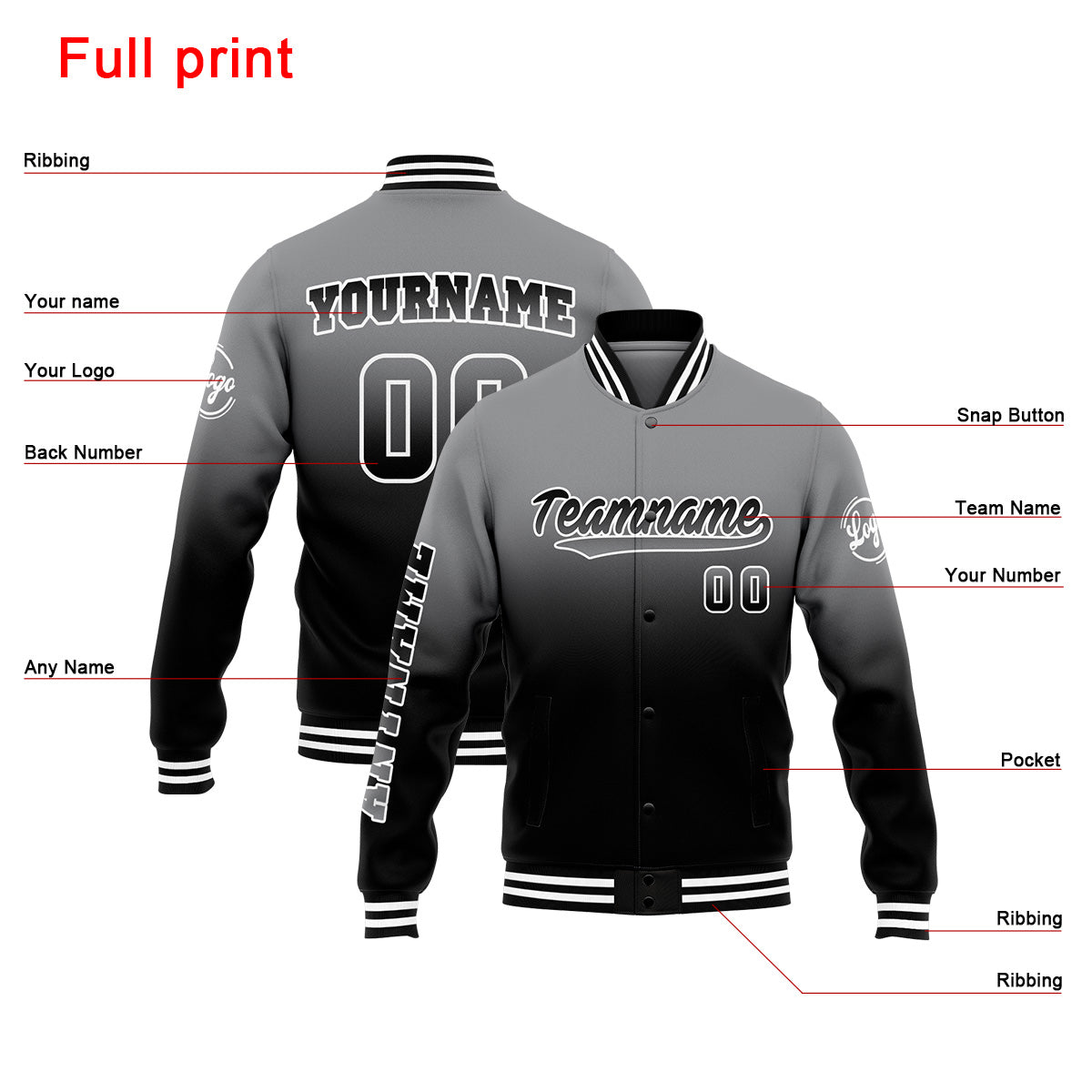 Custom Varsity Jacket Letterman jacket for Men, Women and Youth Grey&Black