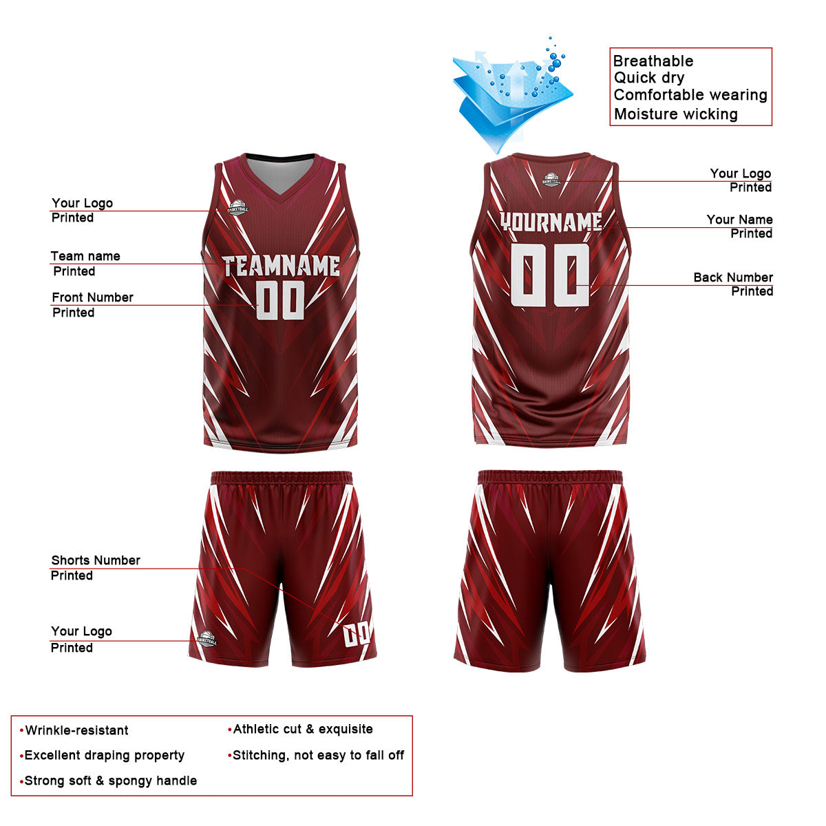 Custom Triangle Dark Red Basketball Jersey Uniform Suit Printed Your Logo Name Number