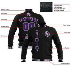 Custom Black Purple White Waterproof Varsity Jackets Personalized Stitched Name Number Logo to Letterman Jackets