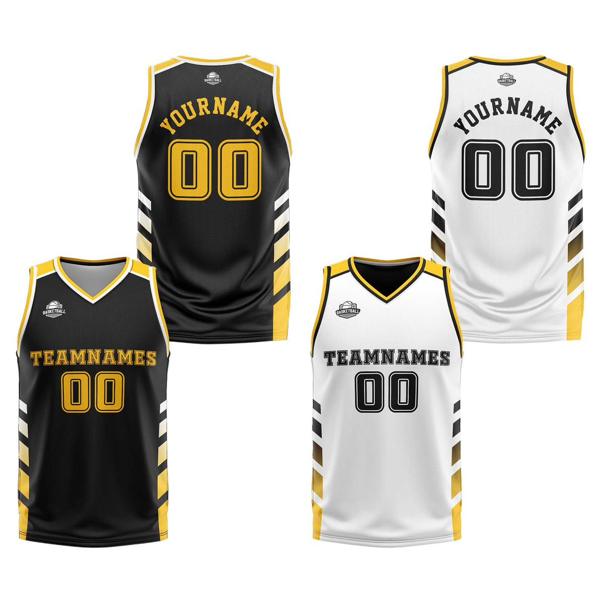 Custom Black White Yellow Reversible Basketball Suit for Adults and Kids Personalized Jersey