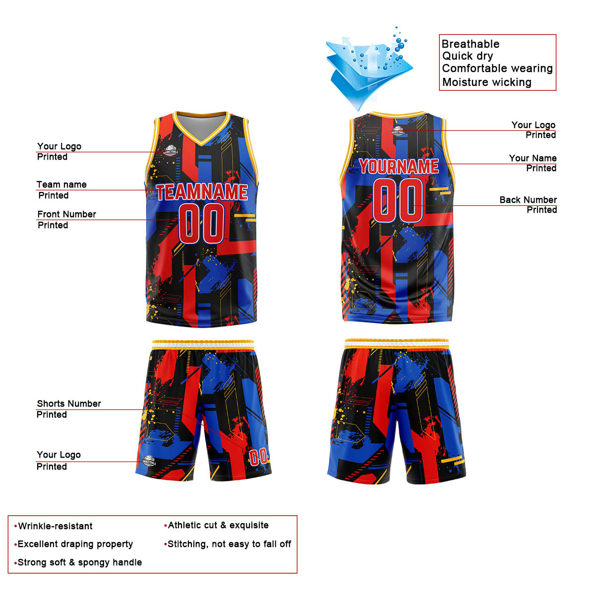 Custom Geometry Red Royal Basketball Jersey Uniform Suit Printed Your Logo Name Number