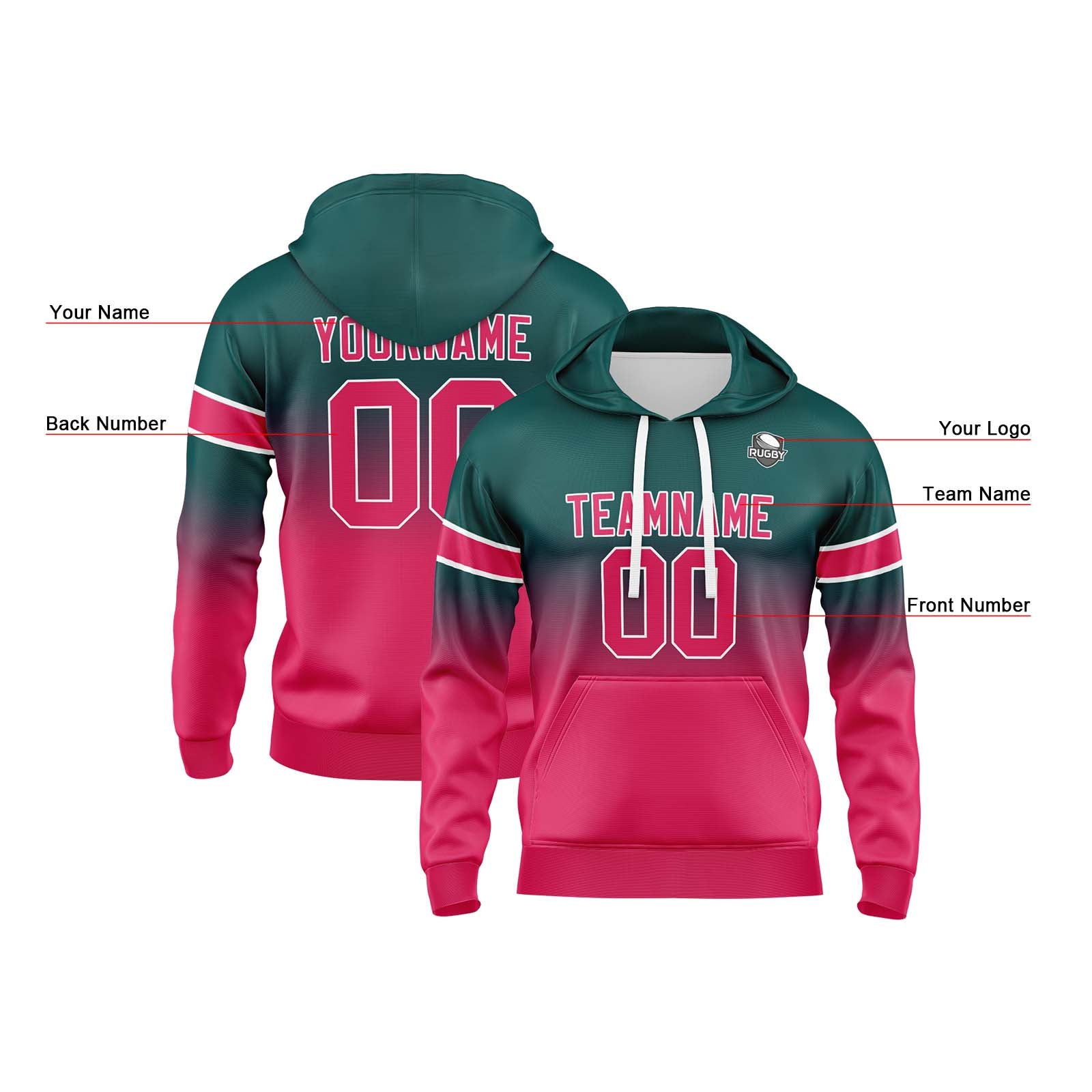 Custom Gradient Sweatshirt Hoodie For Man Woman Girl Boy Print Your Logo Name Number Dark Green&Pink