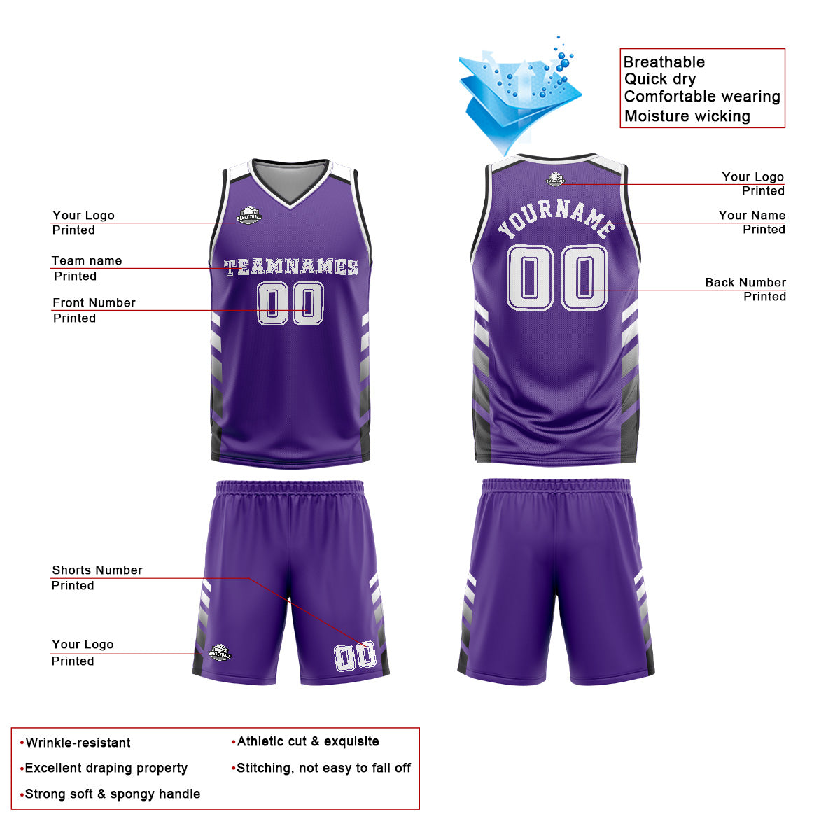Custom Purple White Basketball Jersey Uniform Suit Printed Your Logo Name Number