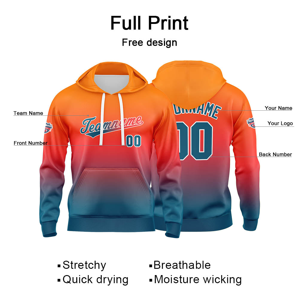 Custom Gradient Sweatshirt Hoodie For Man Woman Girl Boy Print Your Logo Name Number  Orange Lake Blue