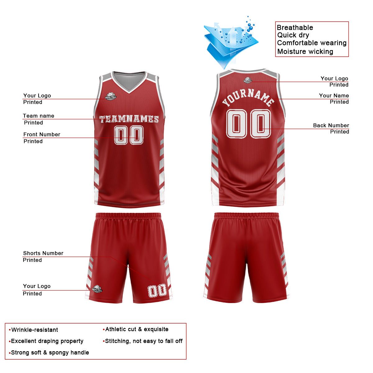 Custom Red Grey Basketball Jersey Uniform Suit Printed Your Logo Name Number