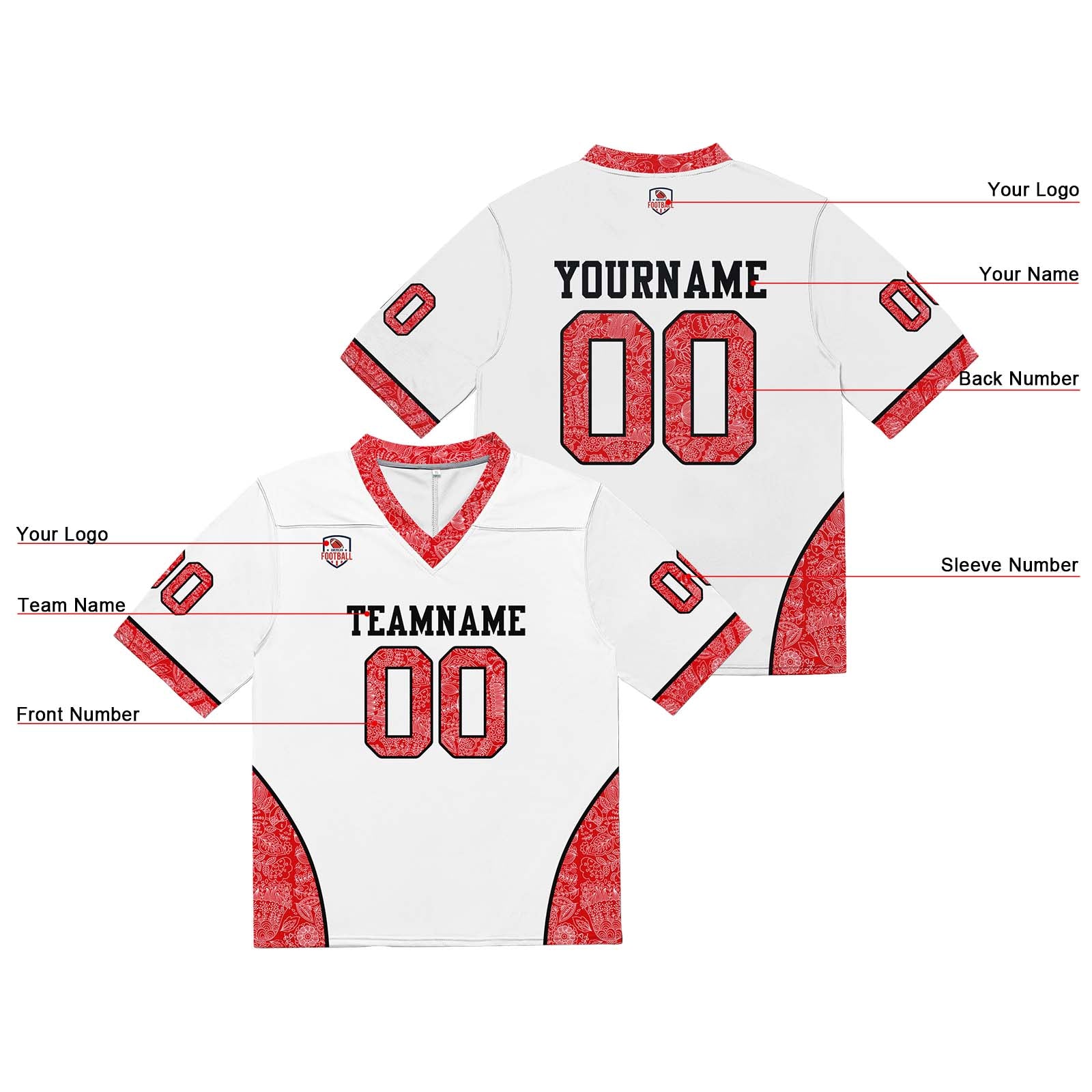 Custom Football Jersey Shirt Personalized Stitched Printed Team Name Number White&Red