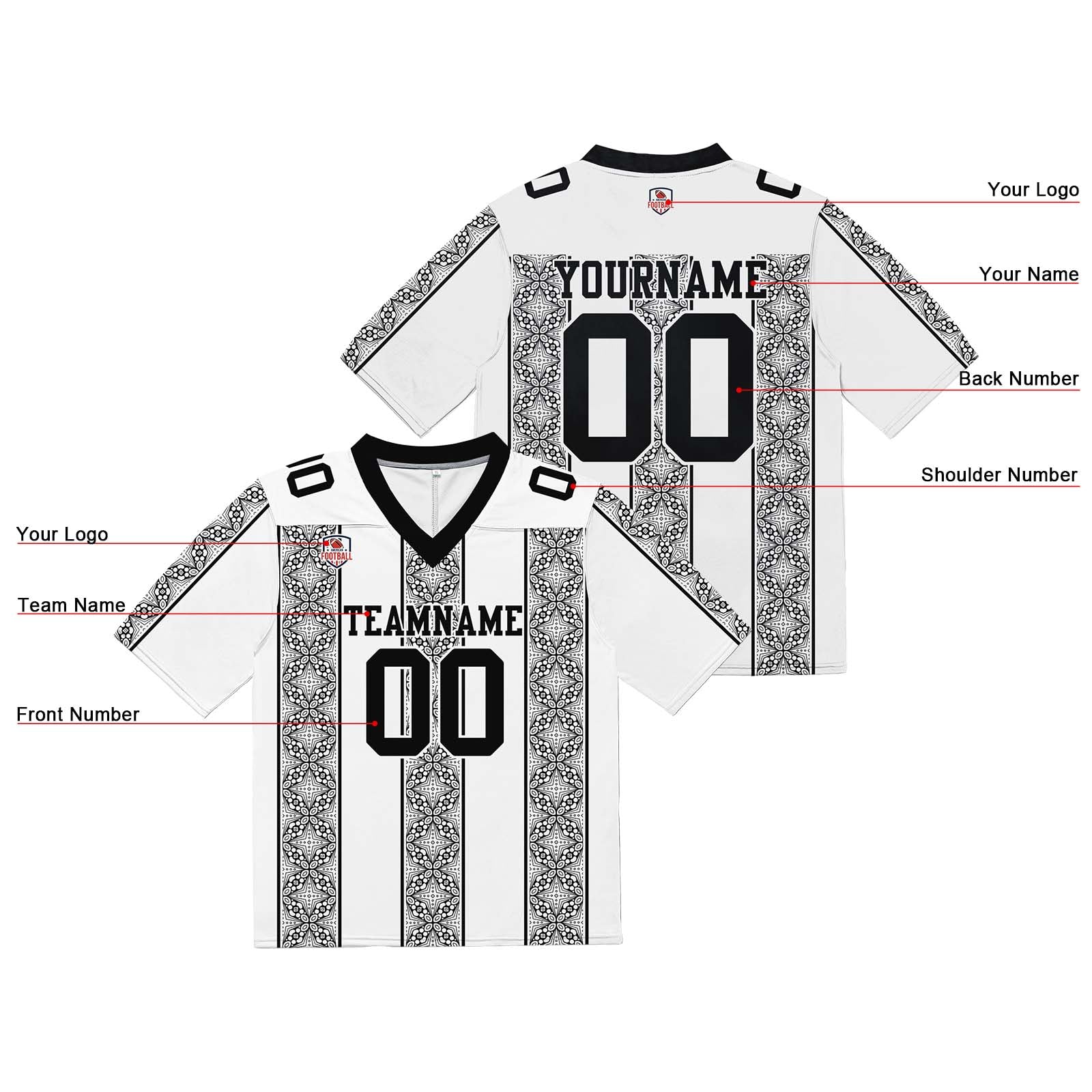 Custom Football Jersey Shirt Personalized Stitched Printed Team Name Number White&Black