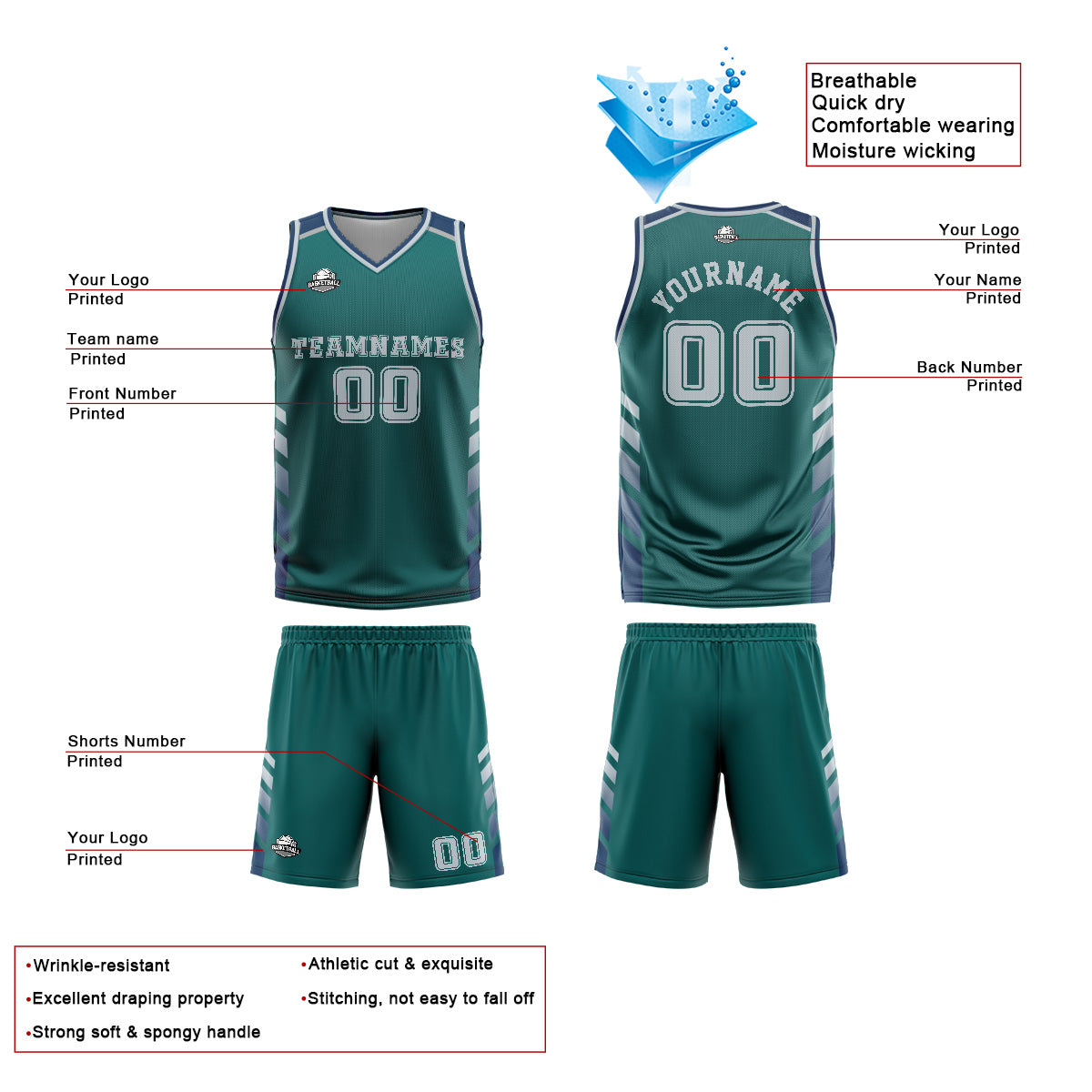 Custom Green Blue Basketball Jersey Uniform Suit Printed Your Logo Name Number