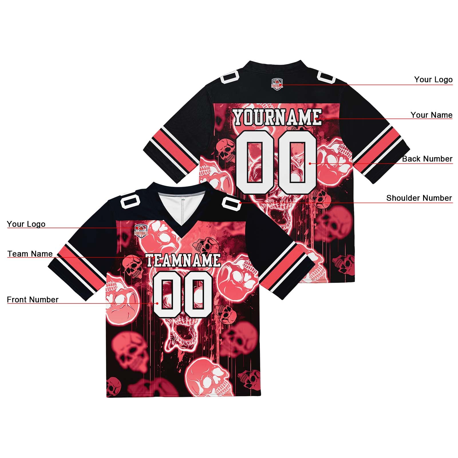 Custom Football Jersey Shirt Personalized Stitched Printed Team Name Number Graffiti skull-Light Red