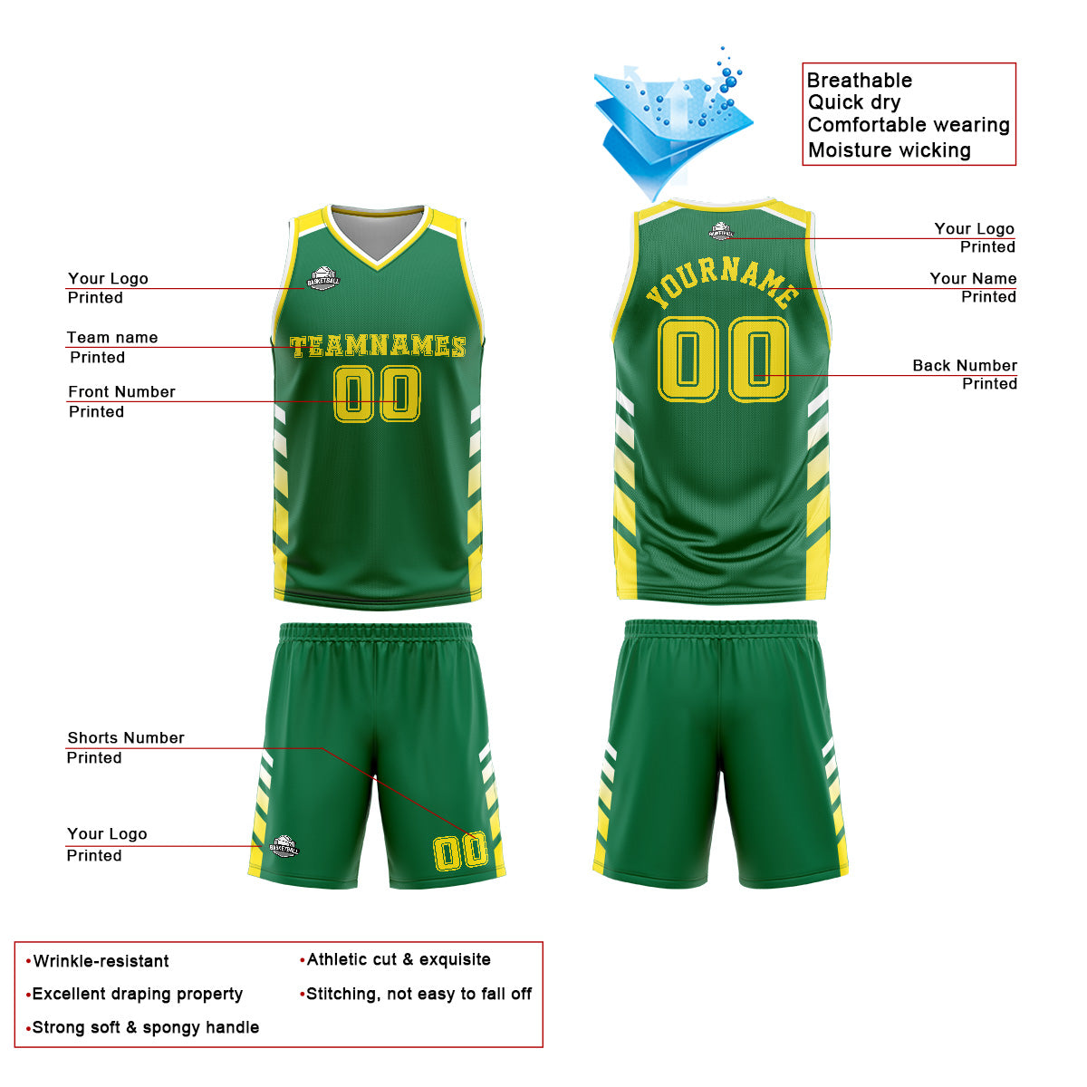 Custom Green Yellow Basketball Jersey Uniform Suit Printed Your Logo Name Number
