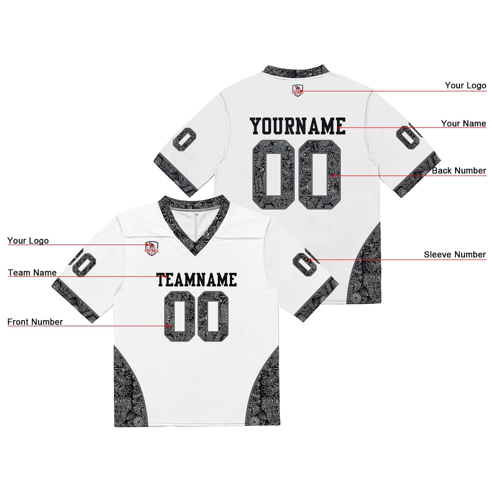 Custom Football Jersey Shirt Personalized Stitched Printed Team Name Number White&Black
