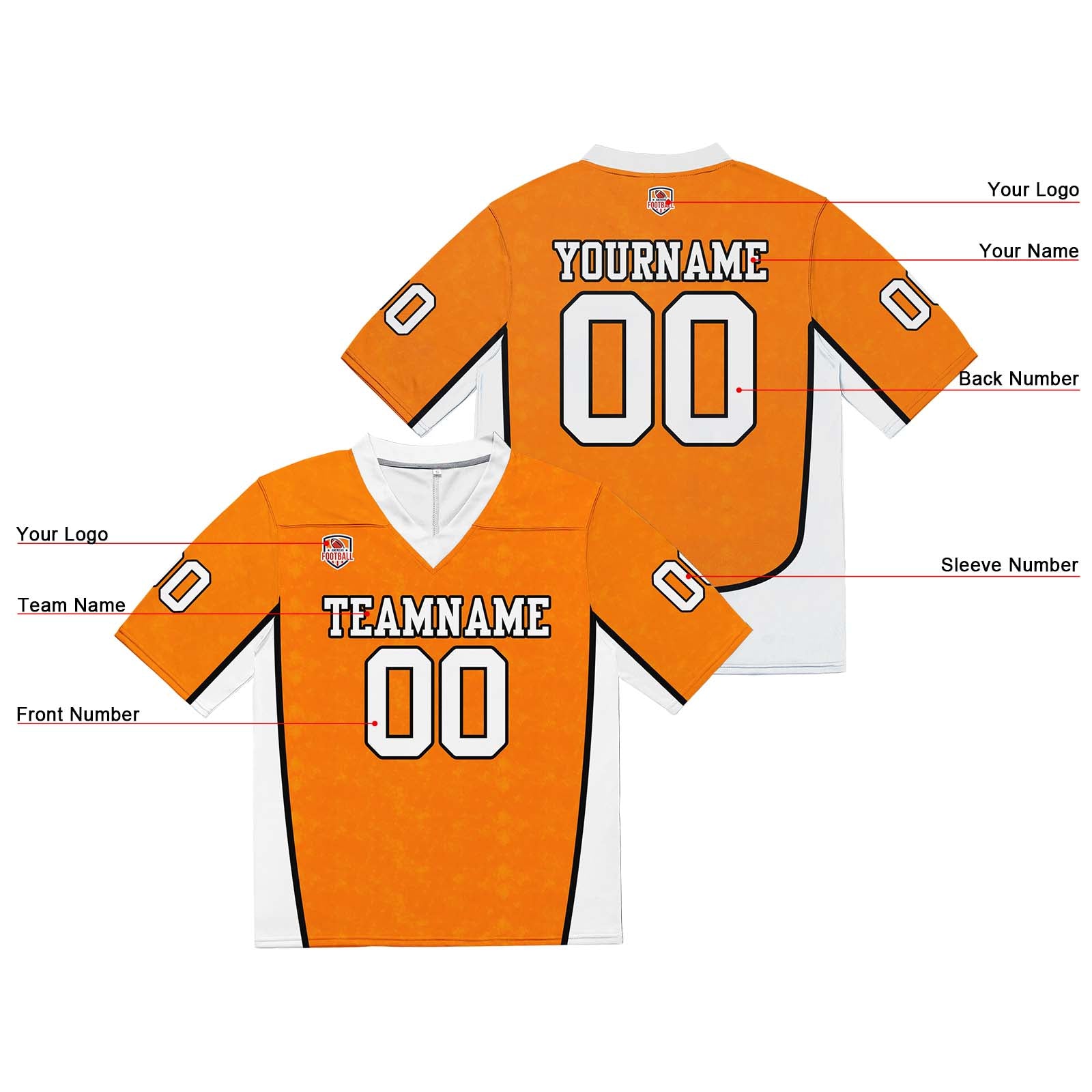 Custom Football Jersey Shirt Personalized Stitched Printed Team Name Number Orange