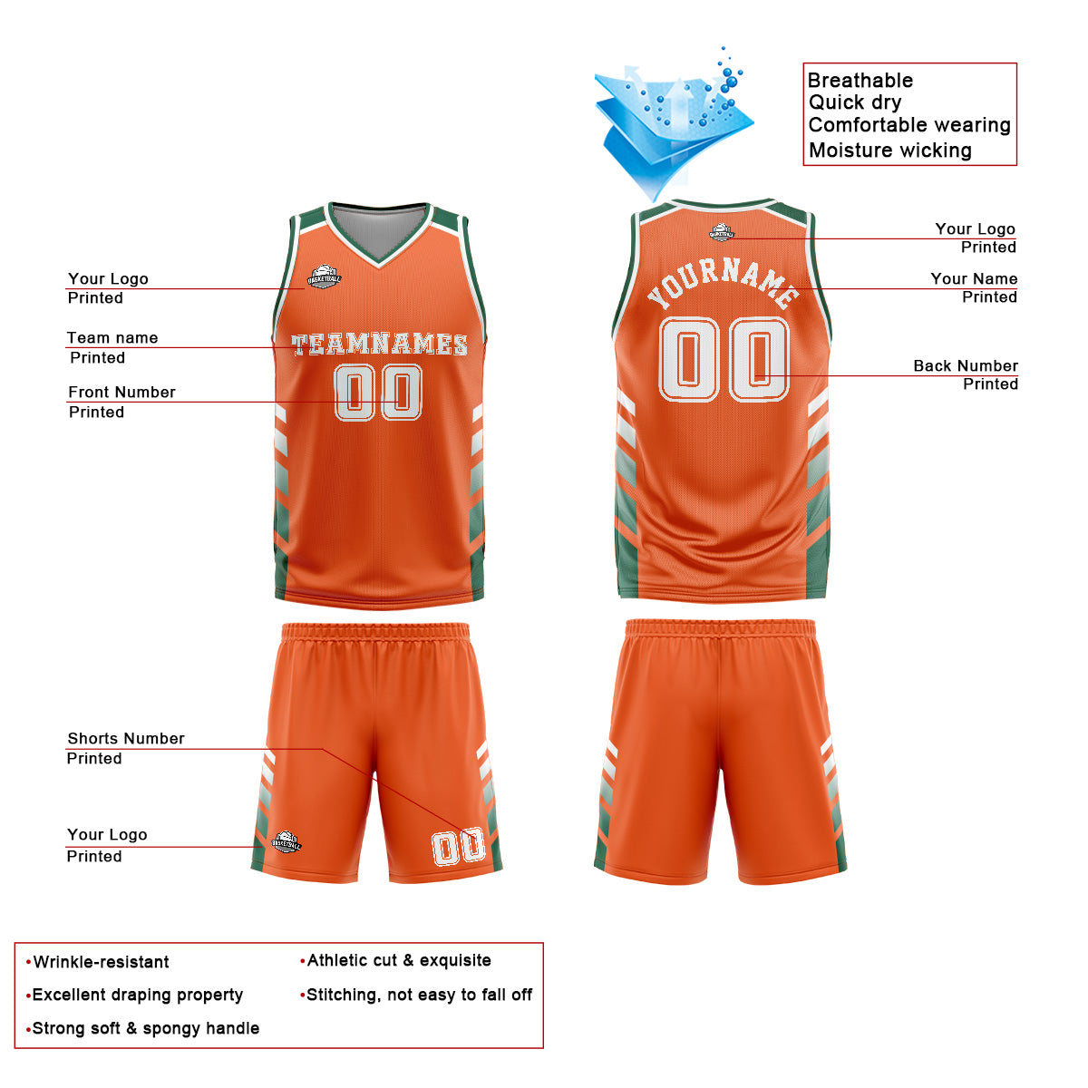 Custom Orange Green Basketball Jersey Uniform Suit Printed Your Logo Name Number