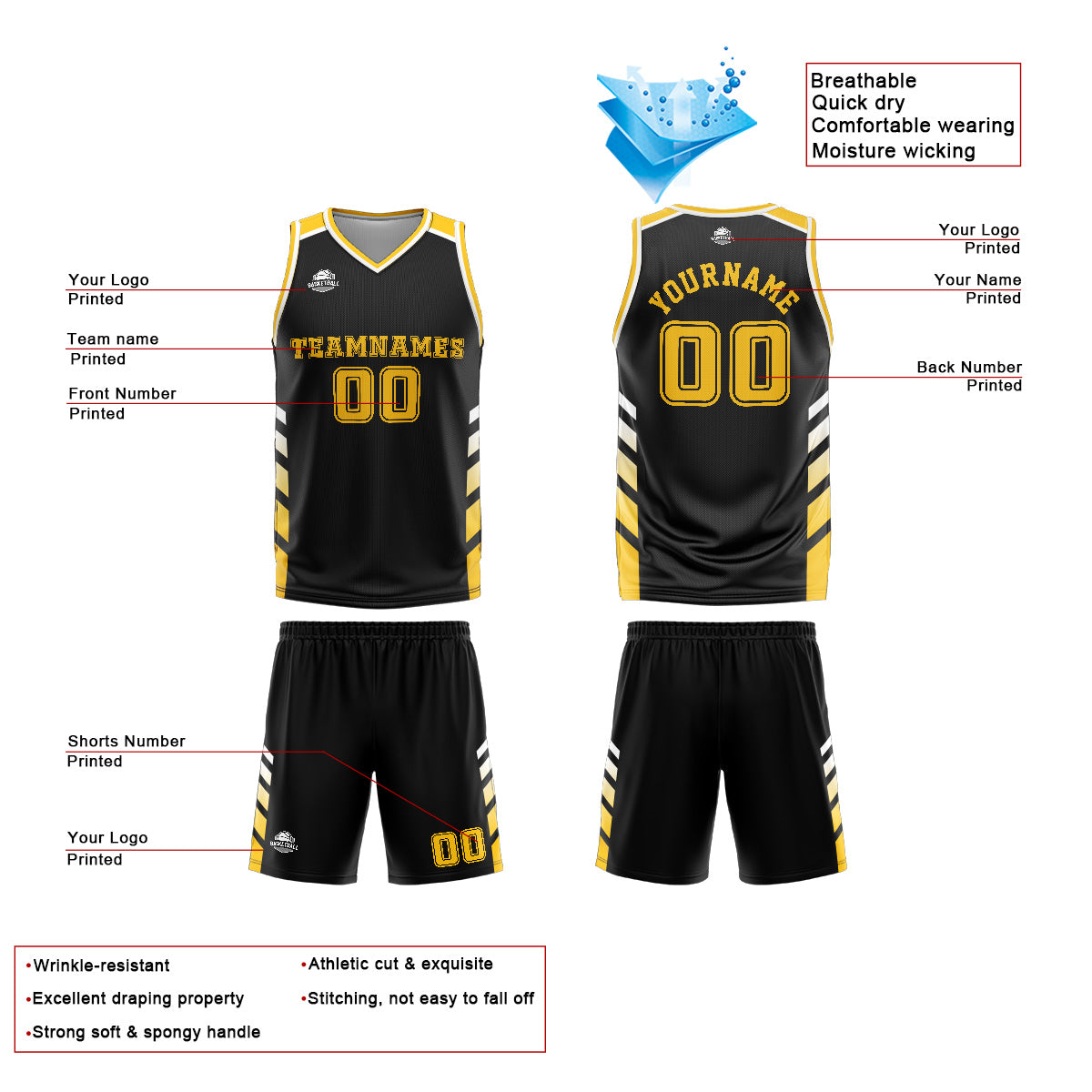 Custom Black Yellow Basketball Jersey Uniform Suit Printed Your Logo Name Number