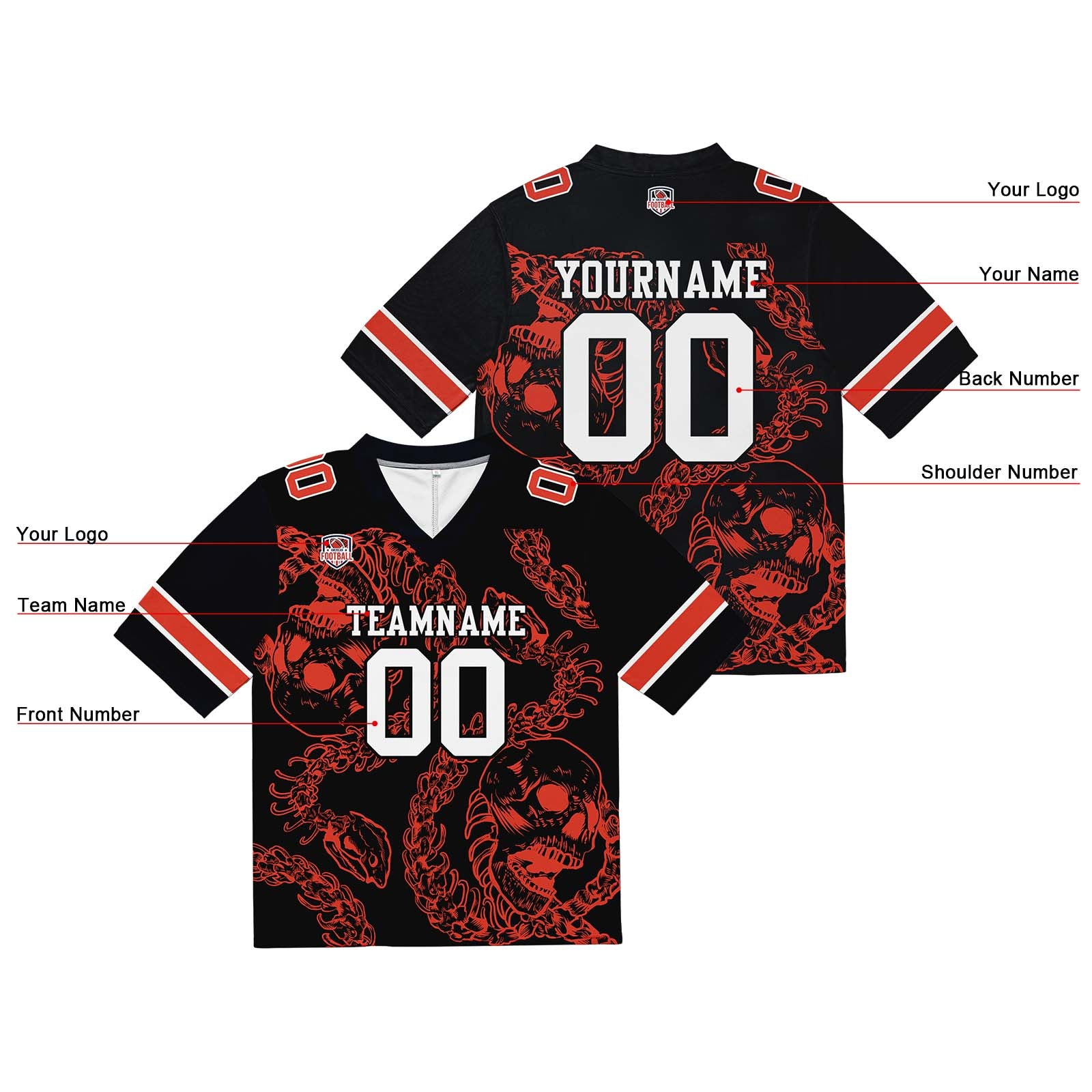 Custom Football Jersey Shirt Personalized Stitched Printed Team Name Number Bones-Orange