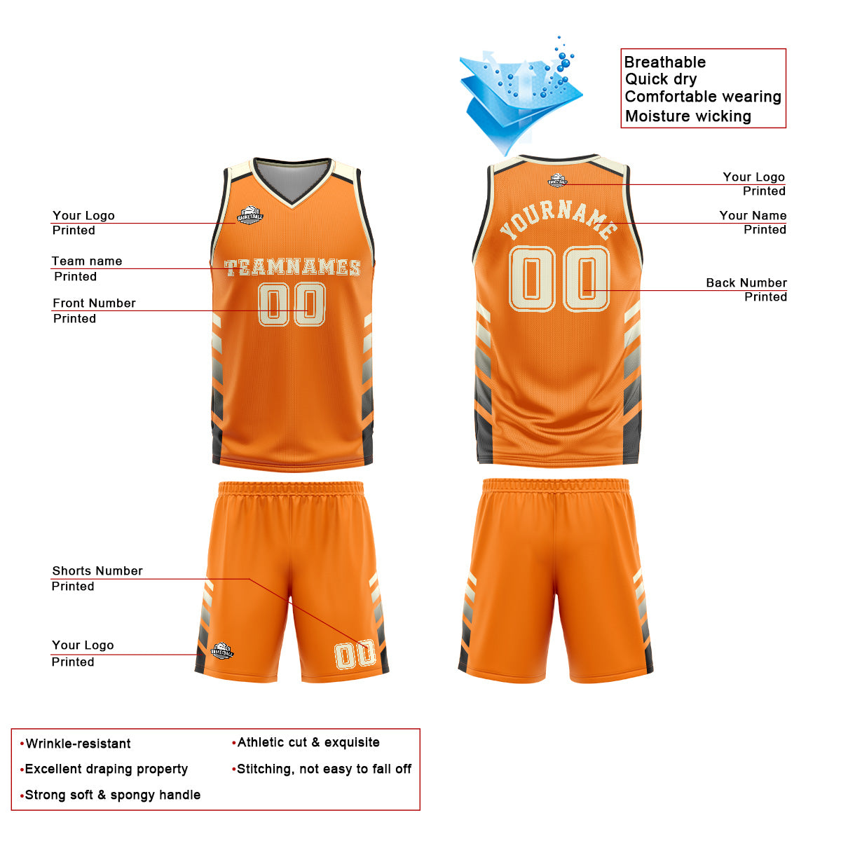 Custom Orange Cream Basketball Jersey Uniform Suit Printed Your Logo Name Number