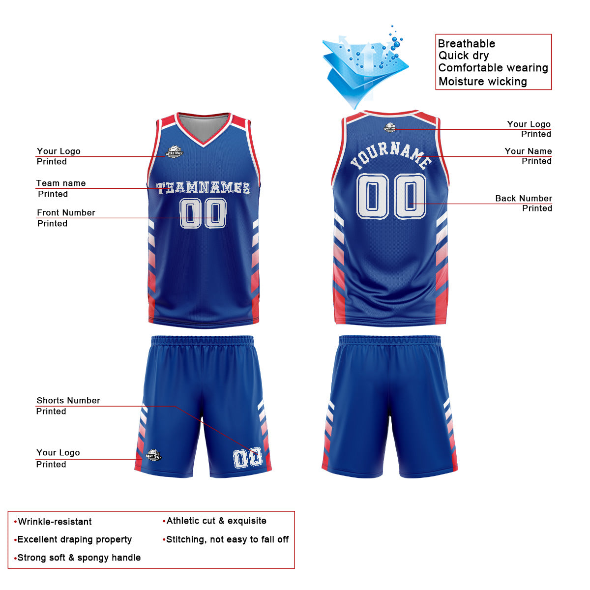 Custom Blue Red Basketball Jersey Uniform Suit Printed Your Logo Name Number