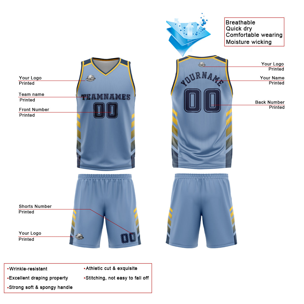 Custom Blue Yellow Basketball Jersey Uniform Suit Printed Your Logo Name Number