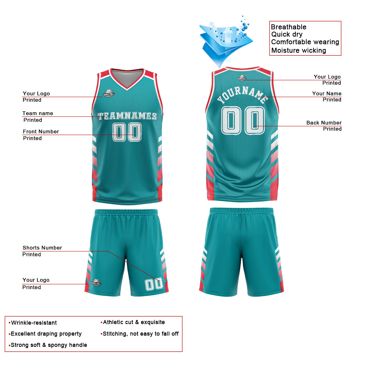 Custom Cyan Red Basketball Jersey Uniform Suit Printed Your Logo Name Number