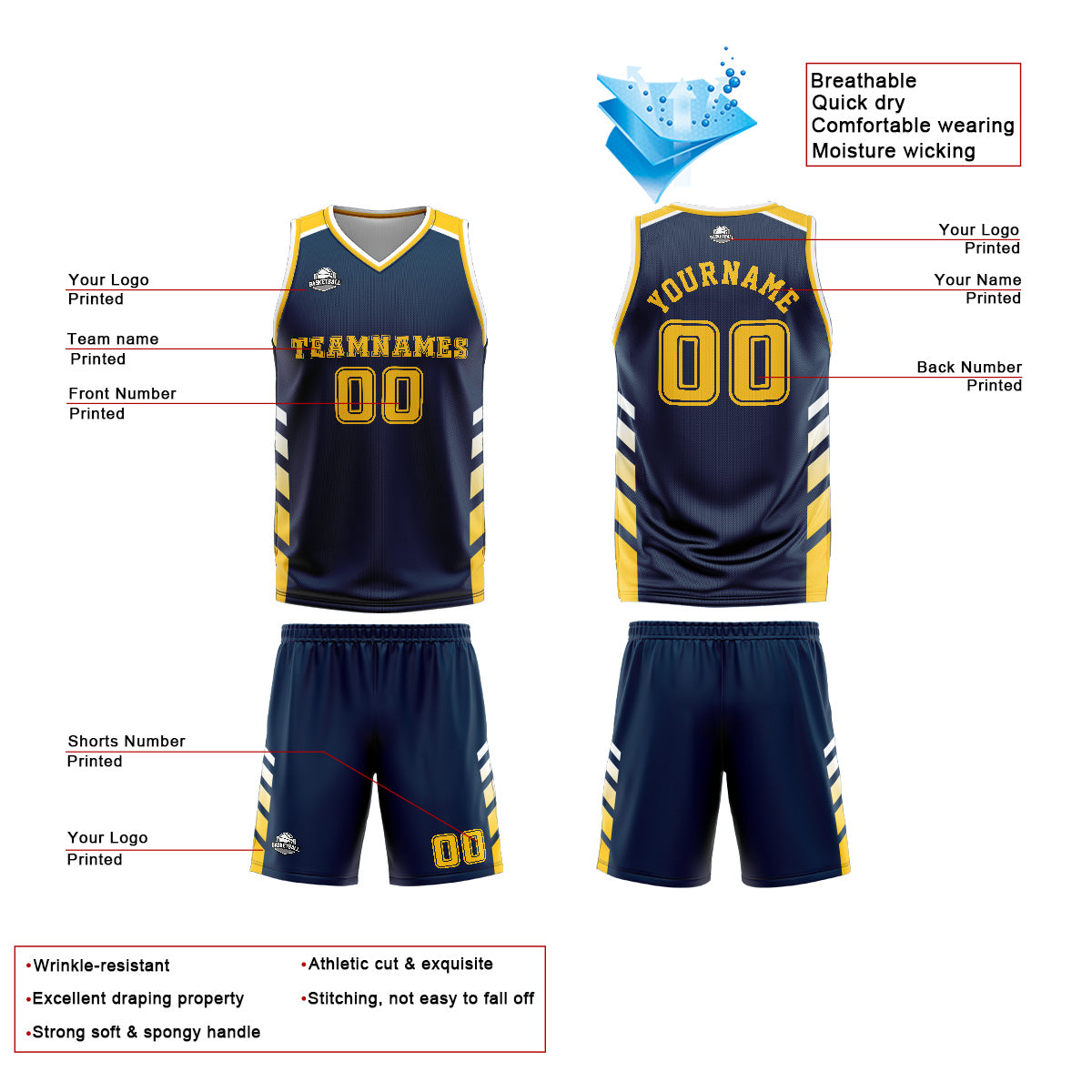 Custom Navy Yellow Basketball Jersey Uniform Suit Printed Your Logo Name Number