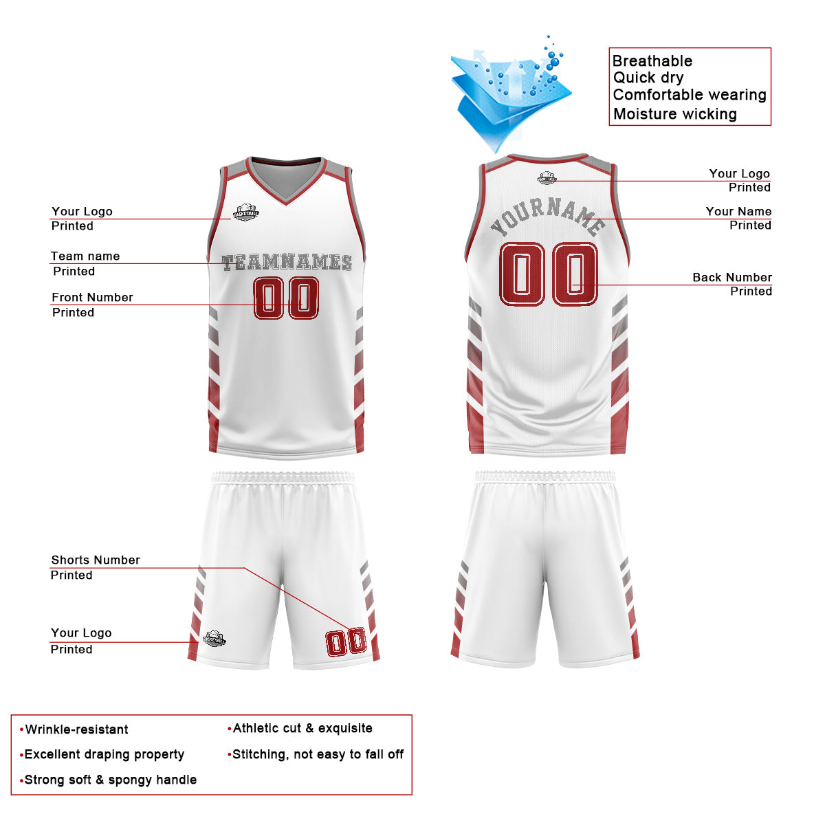 Custom White Red Basketball Jersey Uniform Suit Printed Your Logo Name Number