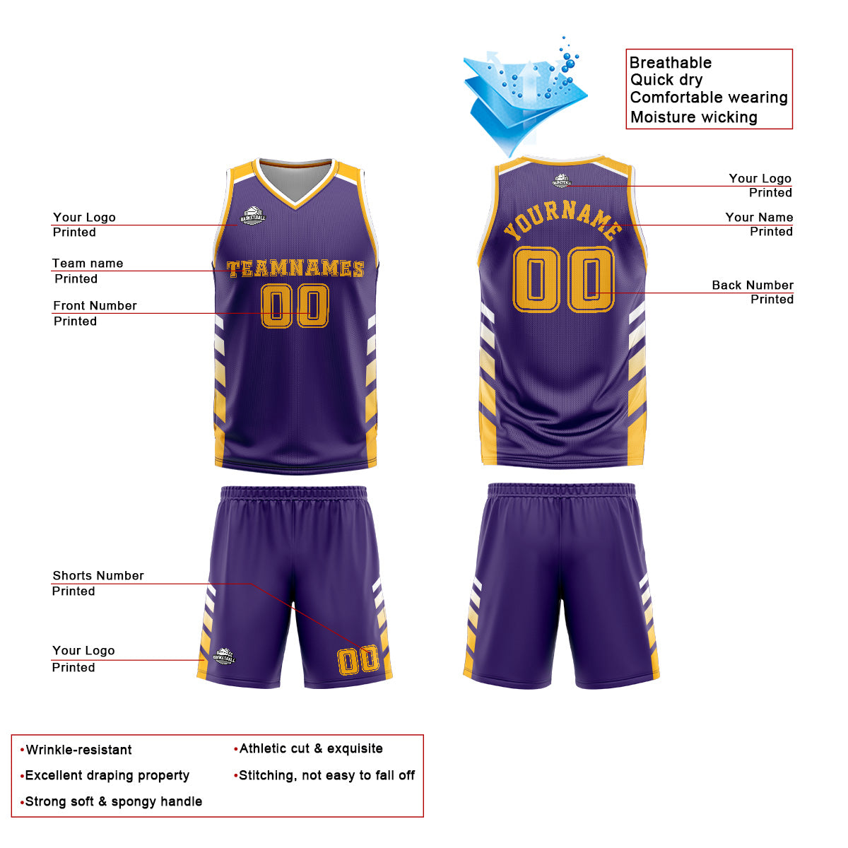 Custom Purple Yellow Basketball Jersey Uniform Suit Printed Your Logo Name Number