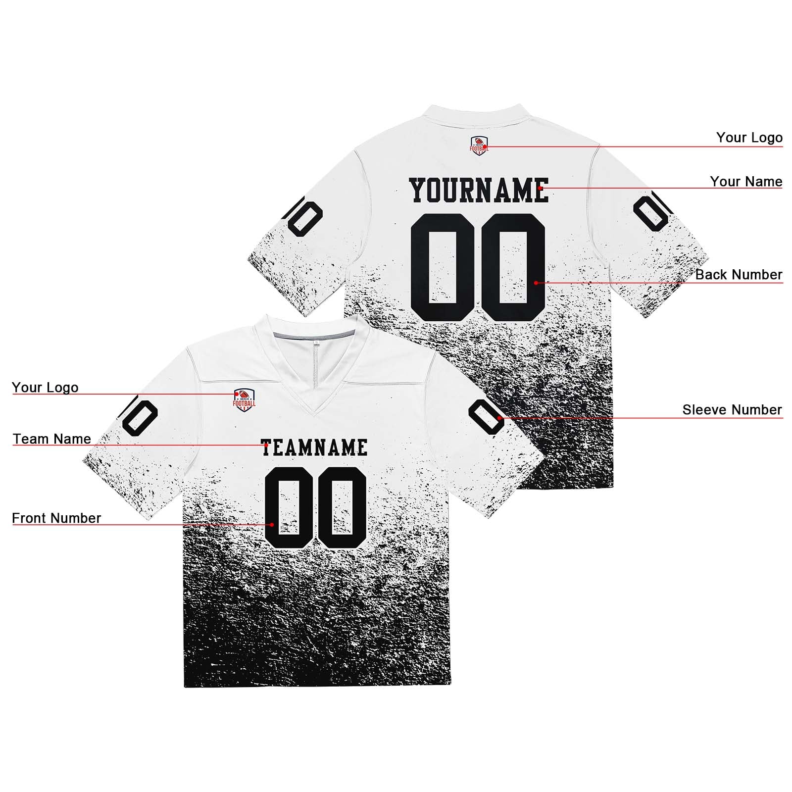 Custom Football Jersey Shirt Personalized Stitched Printed Team Name Number White & Black