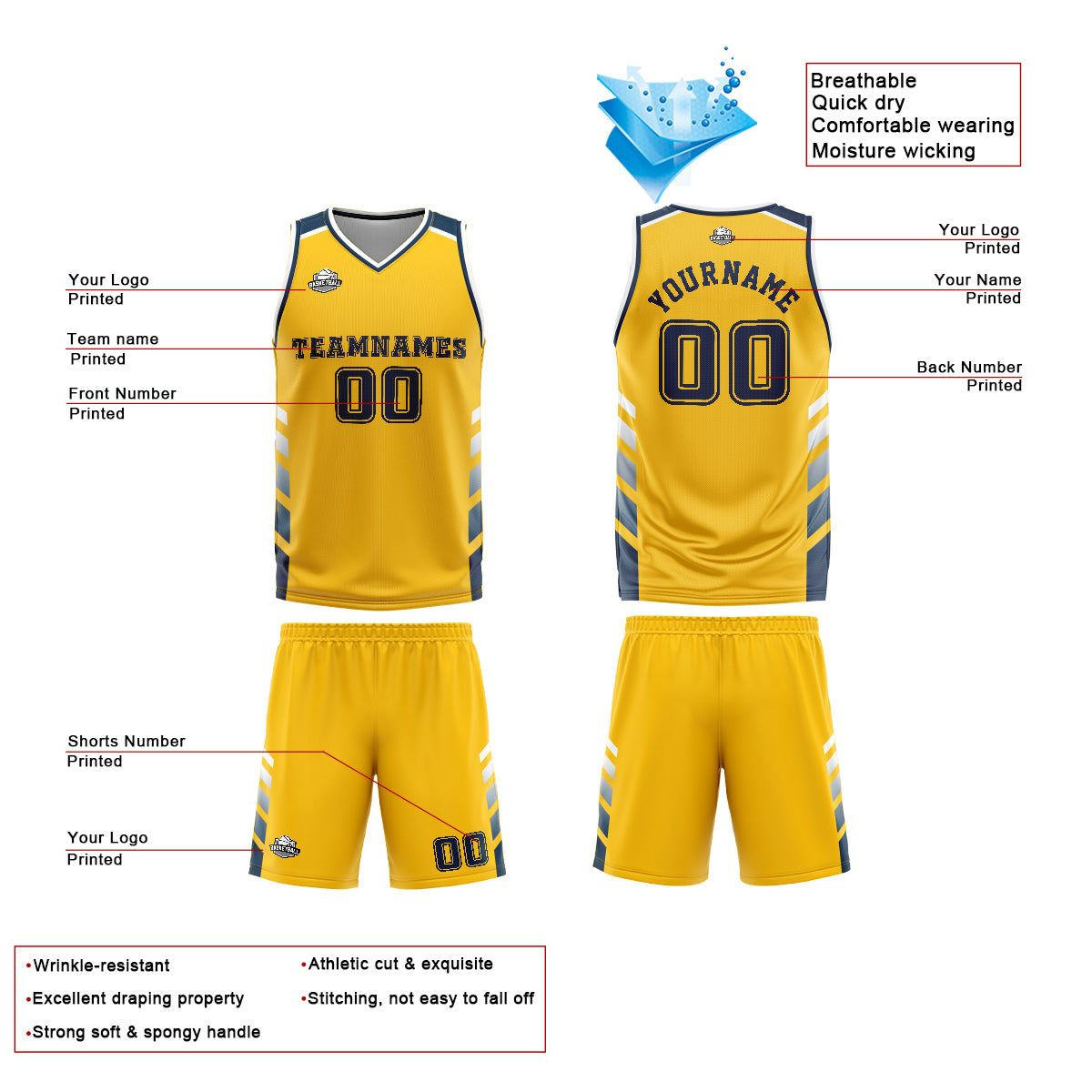 Custom Yellow Blue Basketball Jersey Uniform Suit Printed Your Logo Name Number