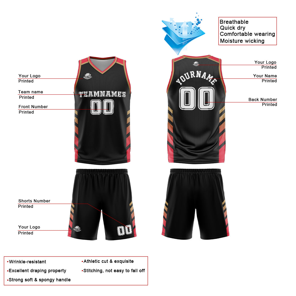 Custom Black Red Basketball Jersey Uniform Suit Printed Your Logo Name Number