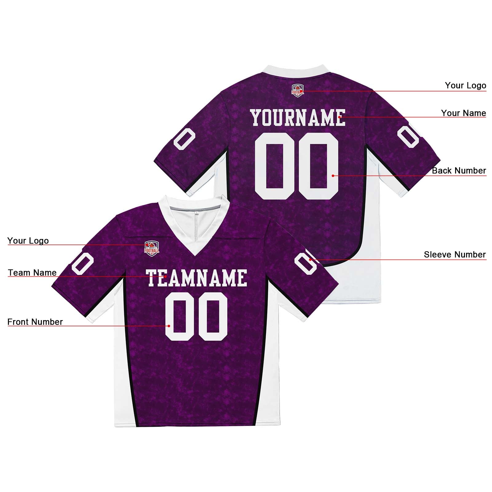 Custom Football Jersey Shirt Personalized Stitched Printed Team Name Number Purple