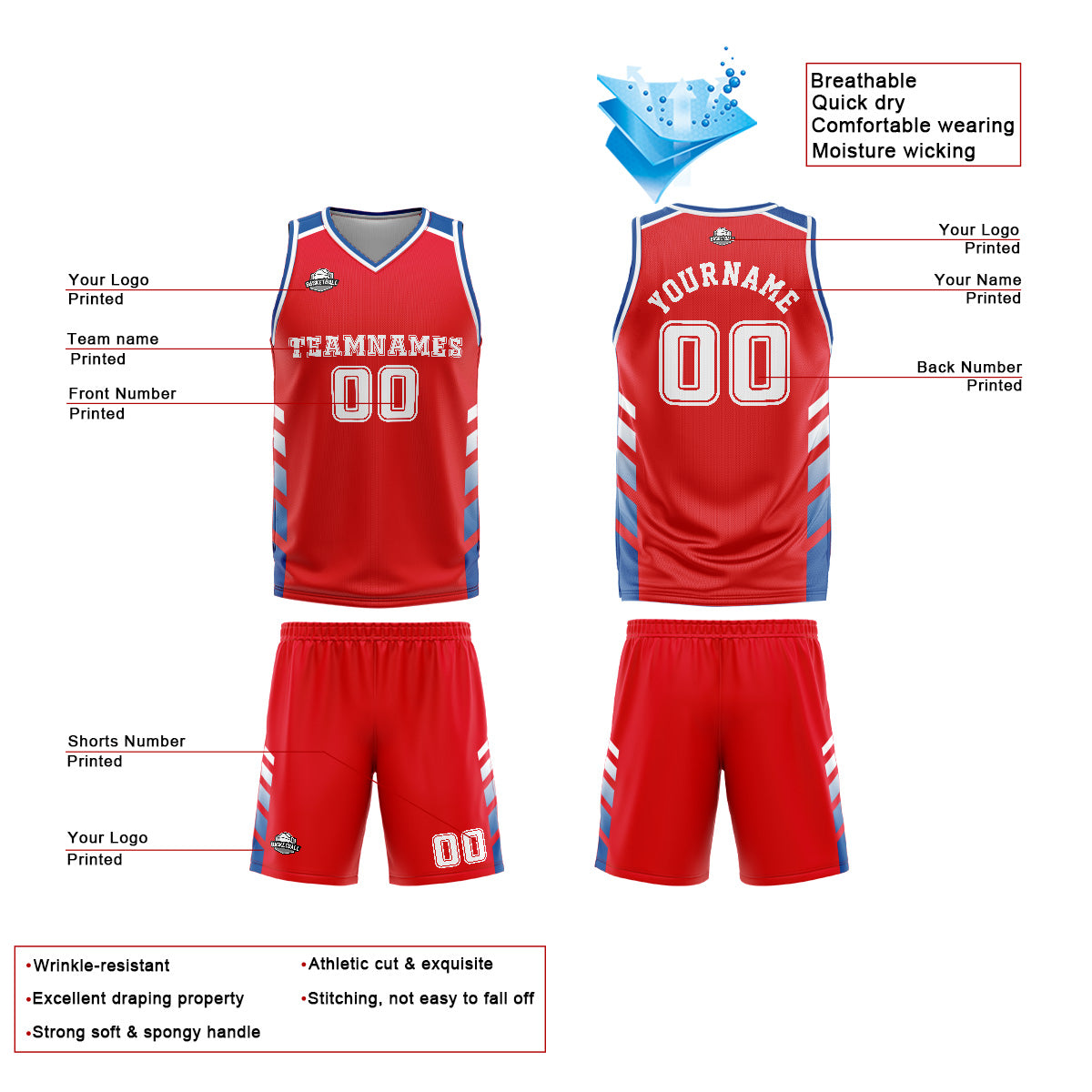 Custom Red Blue Basketball Jersey Uniform Suit Printed Your Logo Name Number