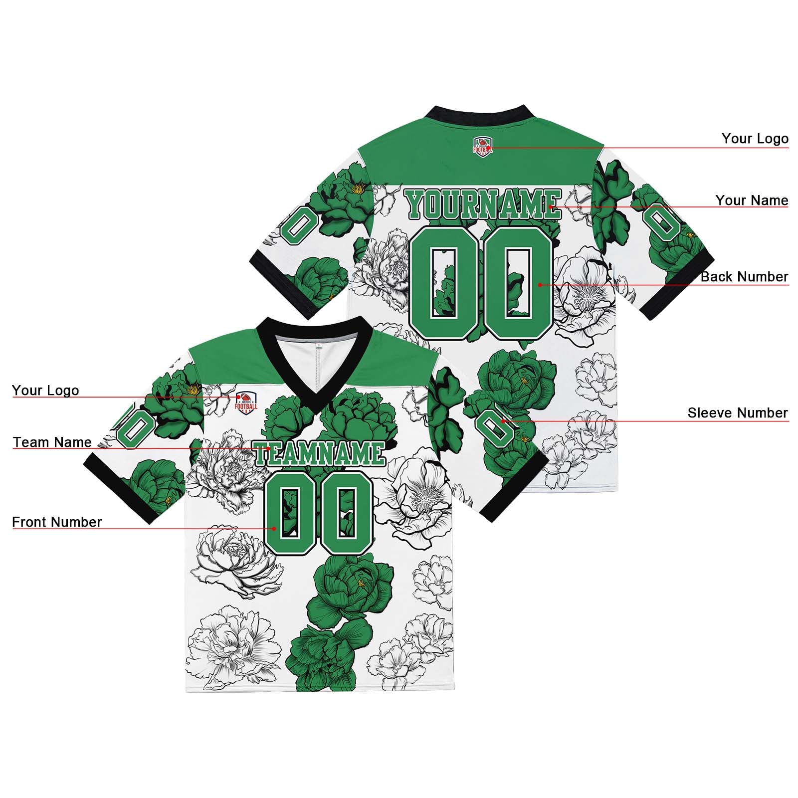 Custom Football Jersey Shirt Personalized Stitched Printed Team Name Number Green