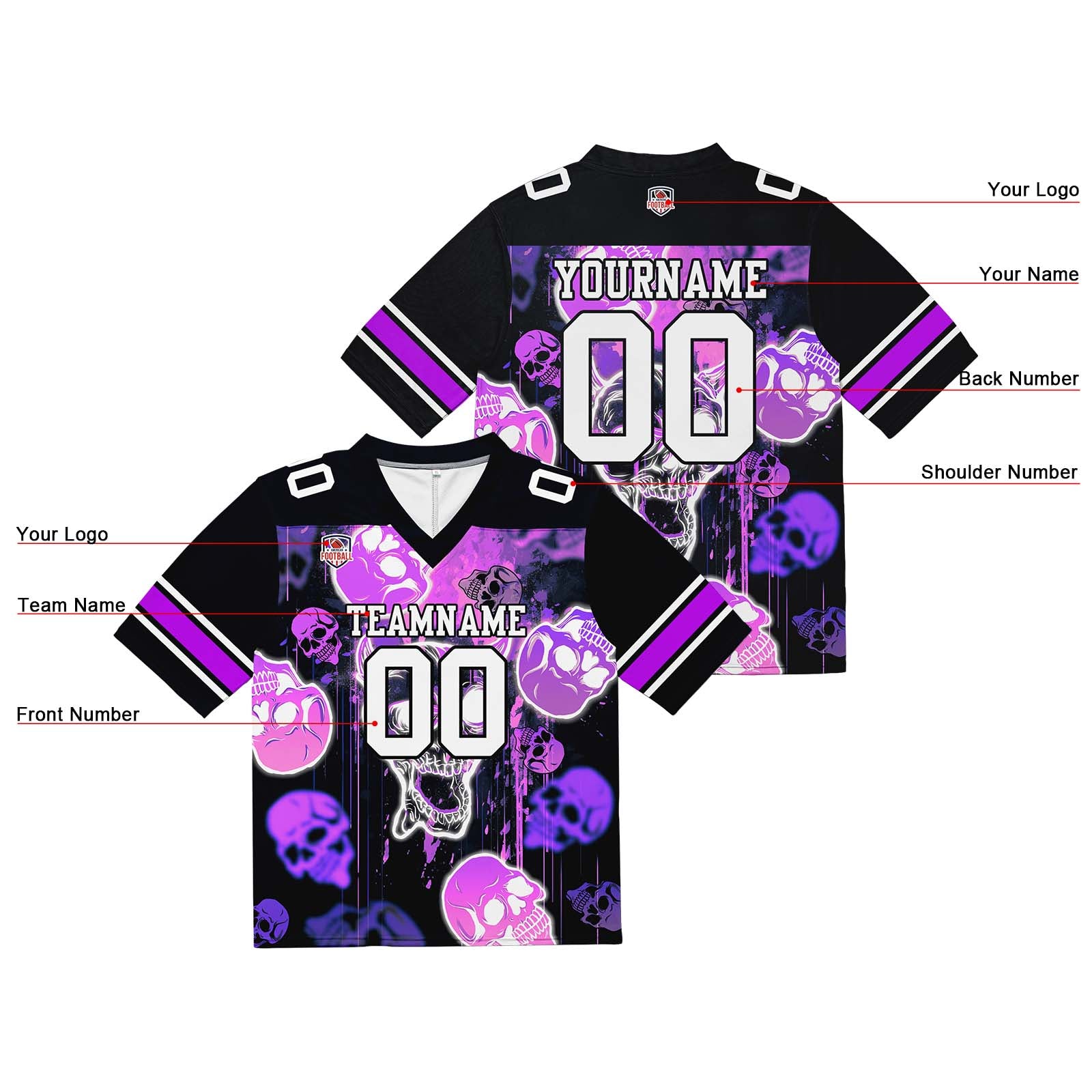 Custom Football Jersey Shirt Personalized Stitched Printed Team Name Number Graffiti skull-Purple