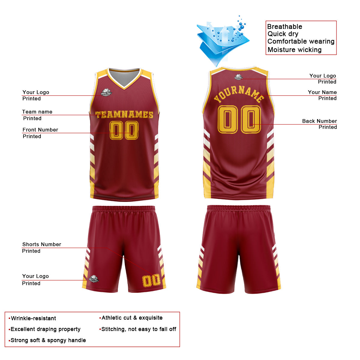 Custom Red Yellow Basketball Jersey Uniform Suit Printed Your Logo Name Number