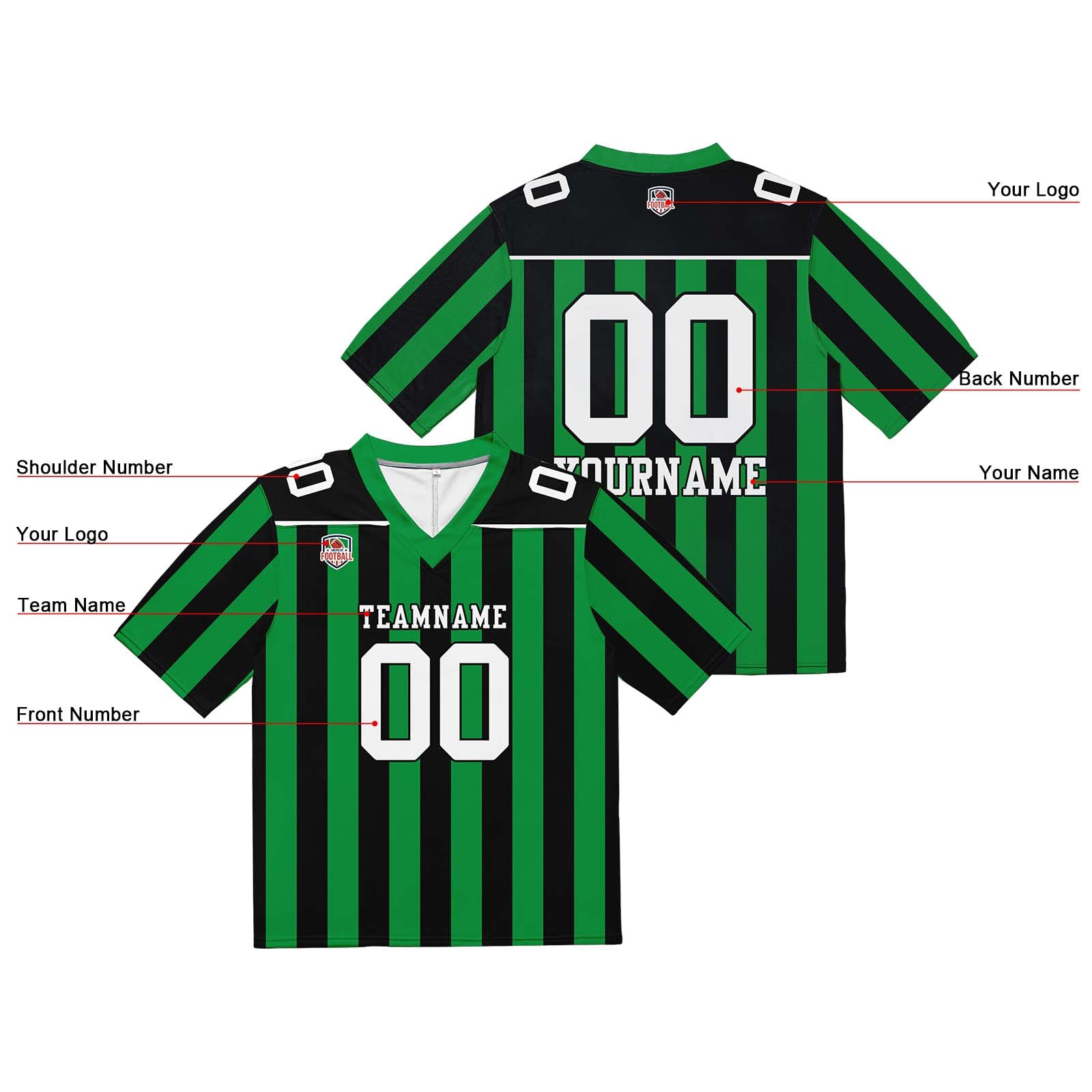 Custom Football Jersey Shirt Personalized Stitched Printed Team Name Number Green & Black