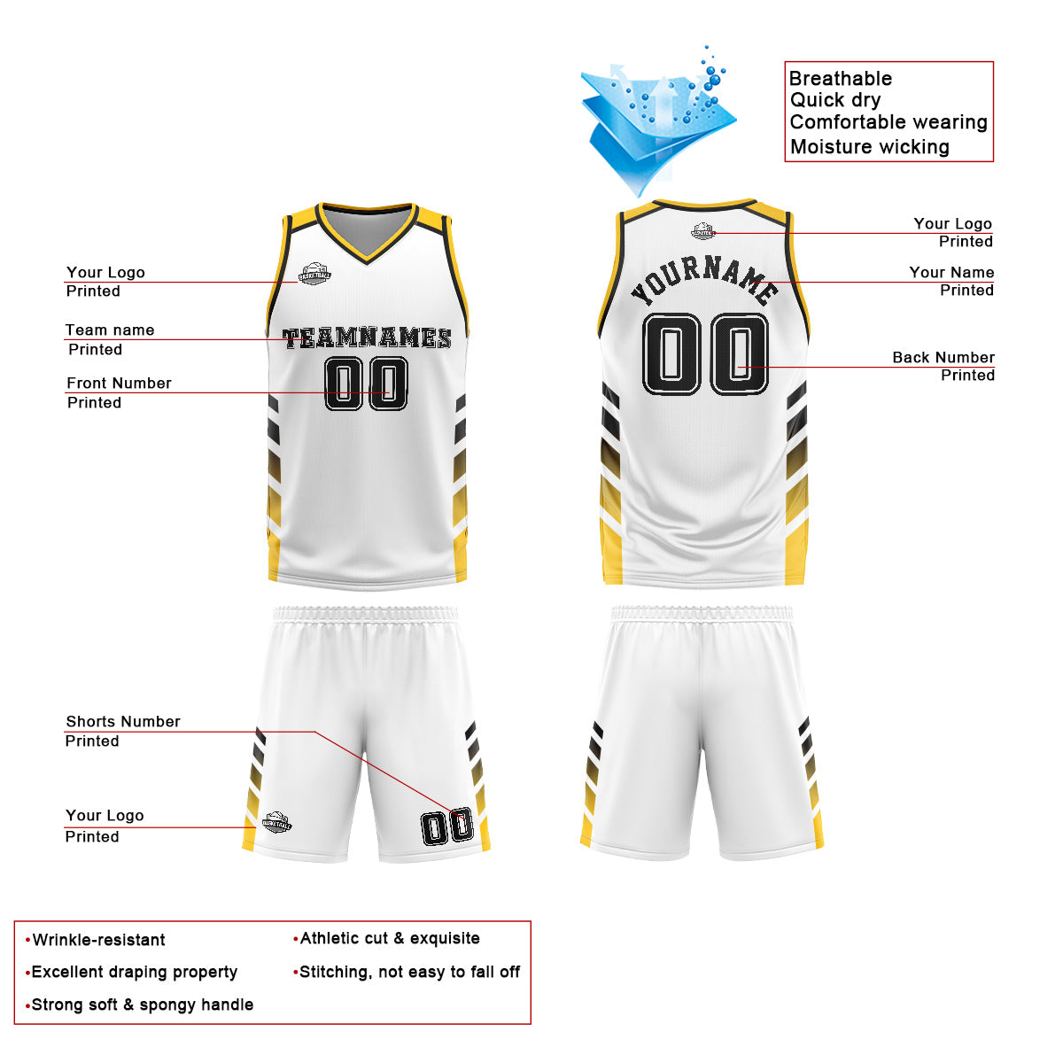 Custom White Yellow Basketball Jersey Uniform Suit Printed Your Logo Name Number