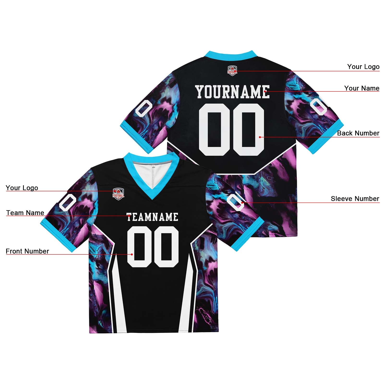 Custom Football Jersey Shirt Personalized Stitched Printed Team Name Number Black & Light Blue