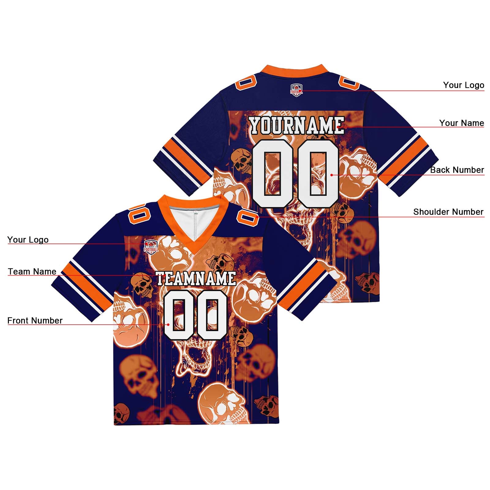 Custom Football Jersey Shirt Personalized Stitched Printed Team Name Number Graffiti skull-Orange