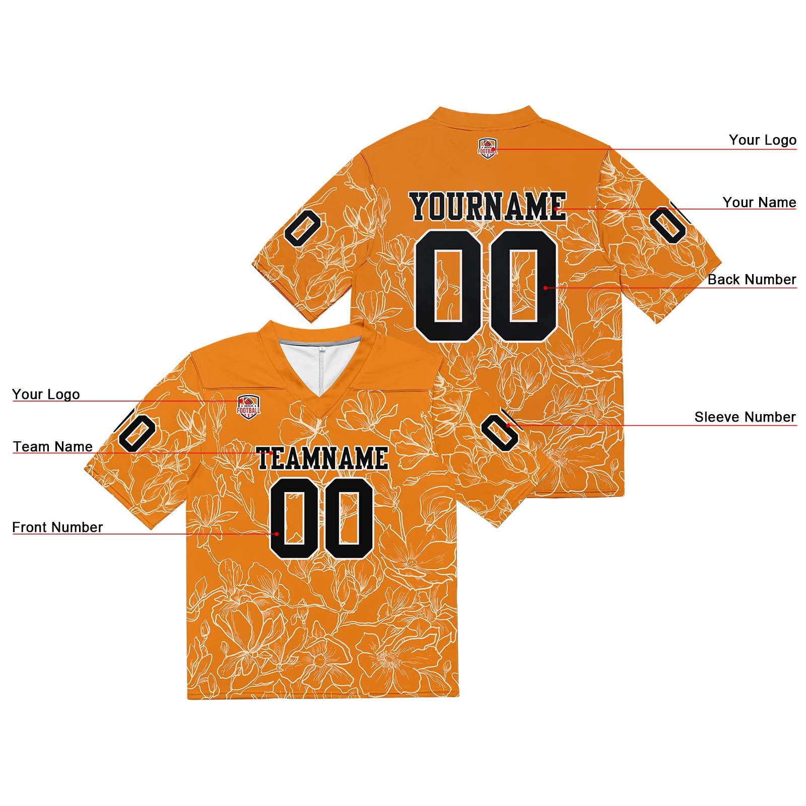 Custom Football Jersey Shirt Personalized Stitched Printed Team Name Number Orange