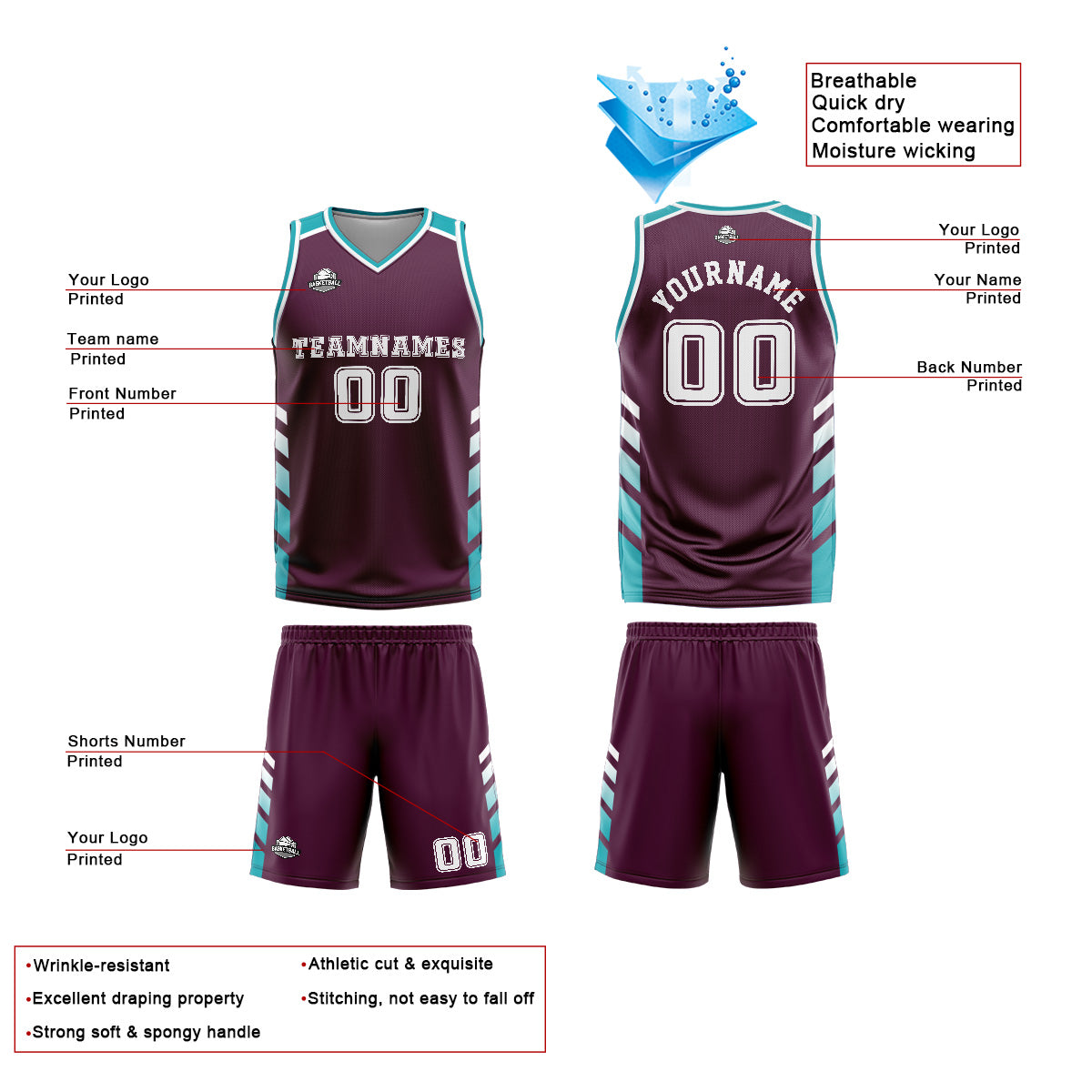 Custom Purple Cyan Basketball Jersey Uniform Suit Printed Your Logo Name Number