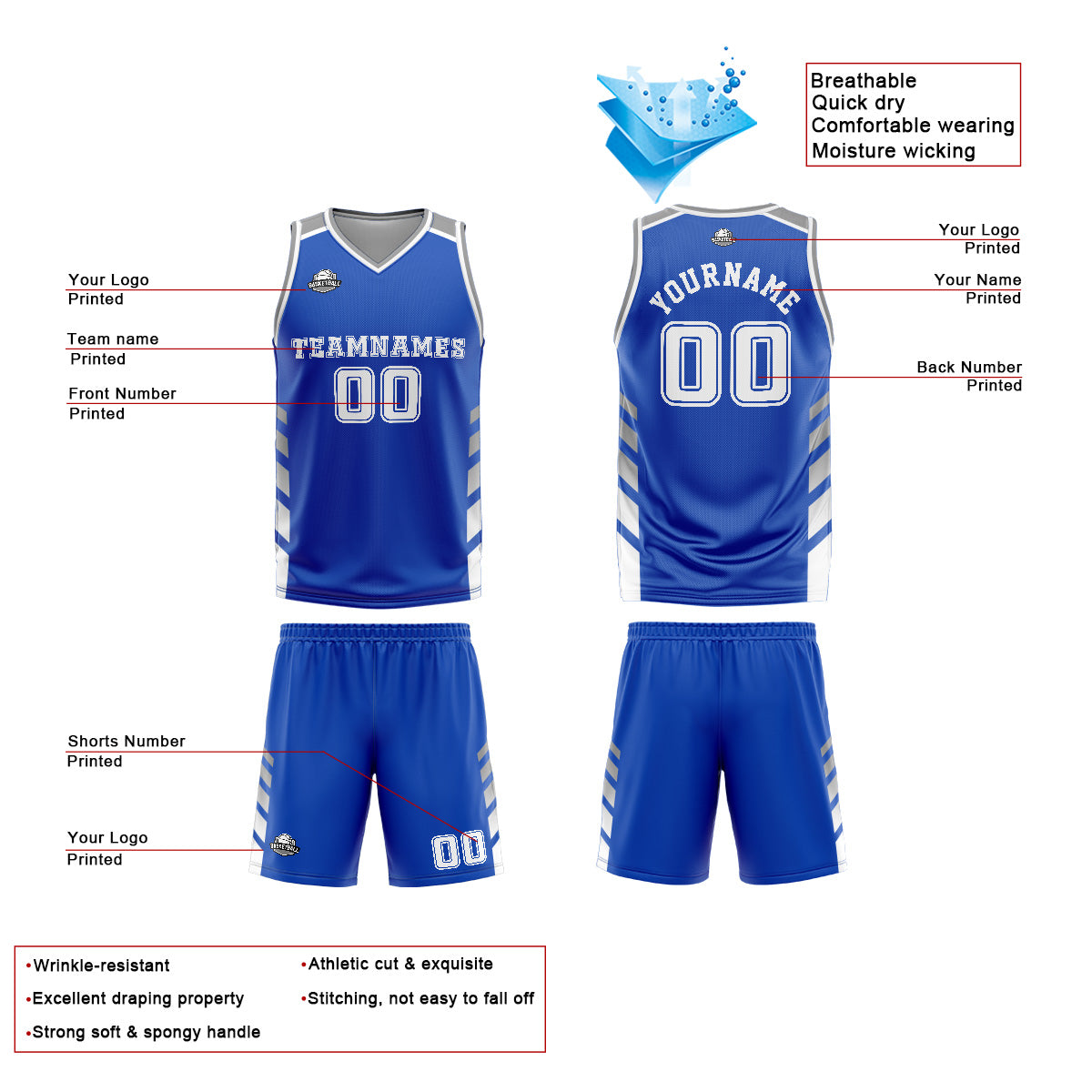Custom Blue Grey Basketball Jersey Uniform Suit Printed Your Logo Name Number