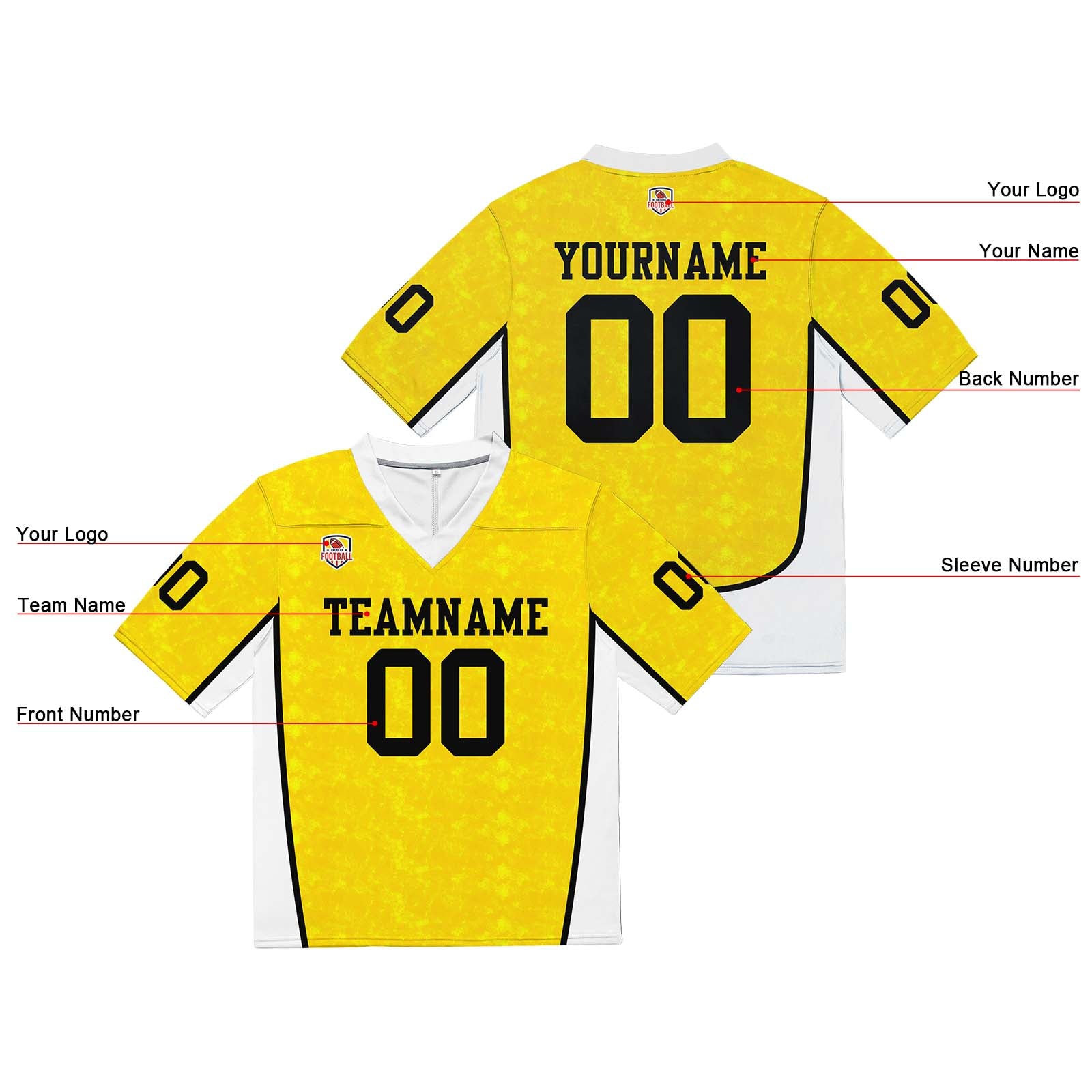 Custom Football Jersey Shirt Personalized Stitched Printed Team Name Number Yellow
