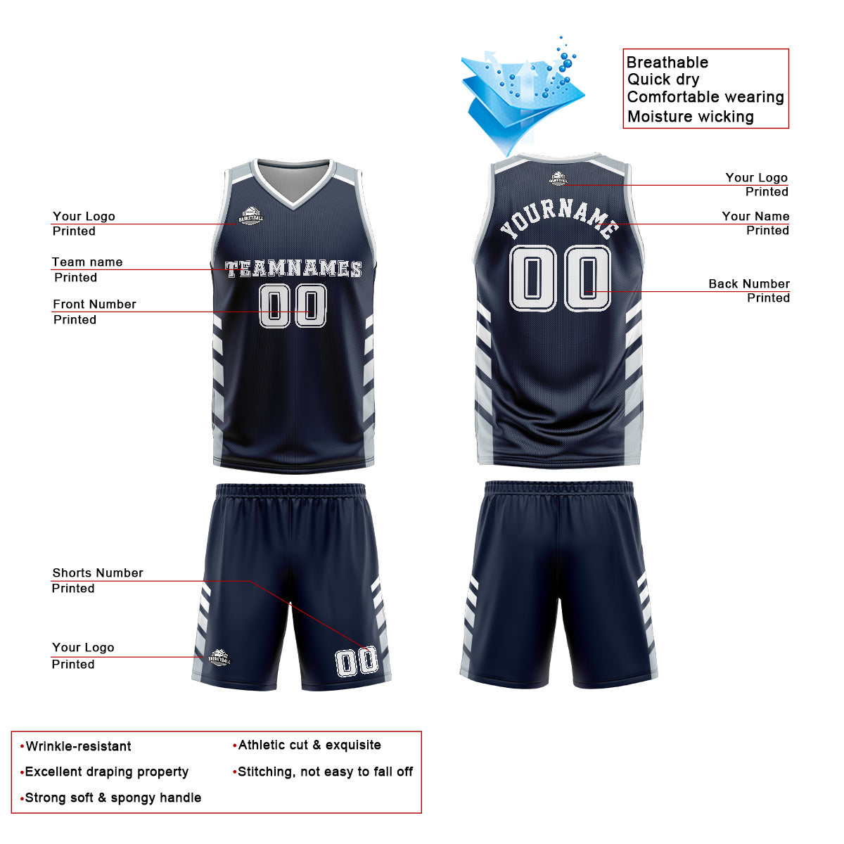 Custom Navy Grey Basketball Jersey Uniform Suit Printed Your Logo Name Number